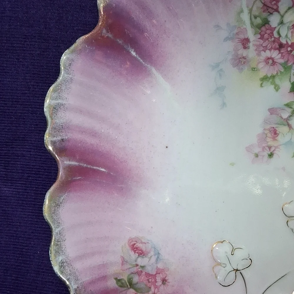 Antique MZ Austria Plate Porcelain Pink Roses Gilt Clovers Dish - Picture 6 of 12